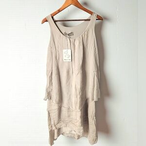 Agata Silk Taupe Layered Dress Sleeveless Knee Length Italy Womens M Round Neck
